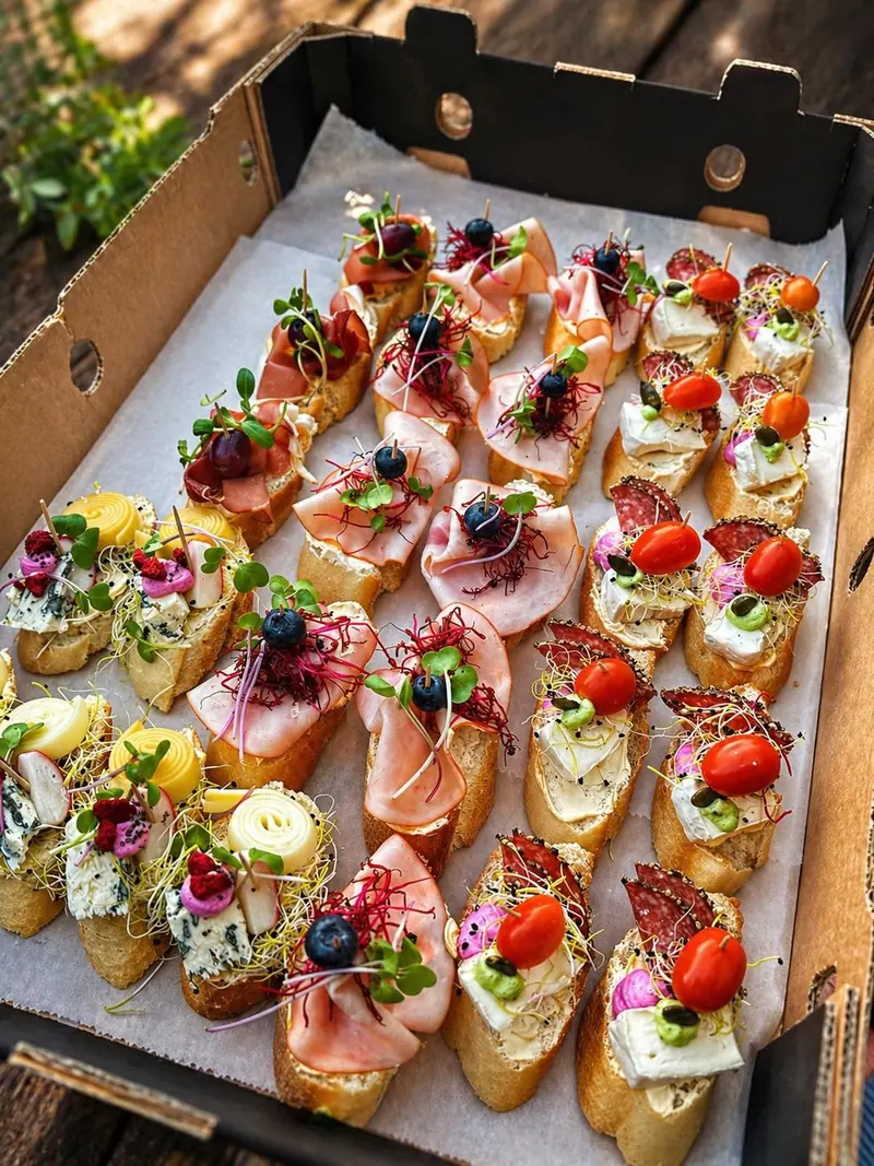 Desiatky obložených bagetiek s jahodami, syrom a šunkou pripravených na raut